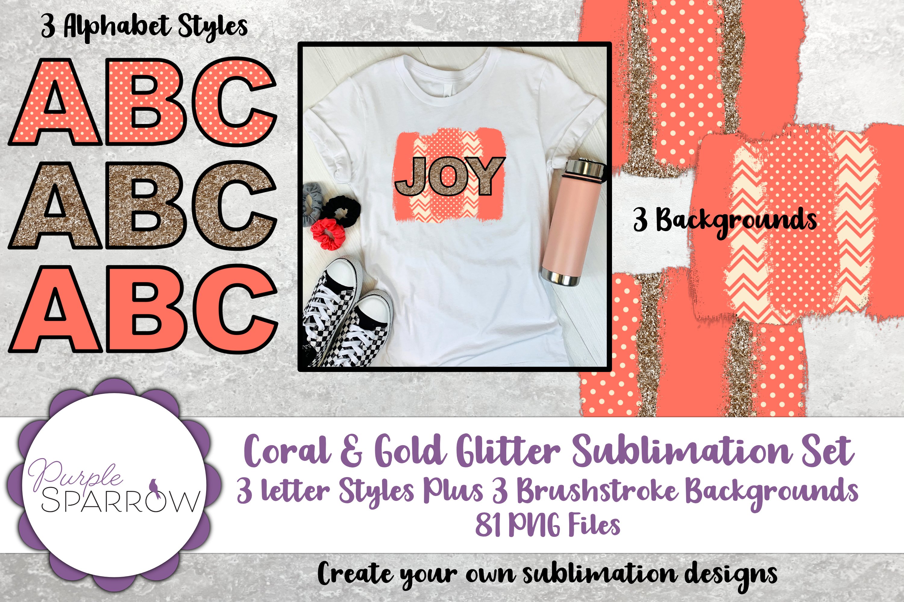 Coral, Cream,   Gold Glitter Sublimation Set