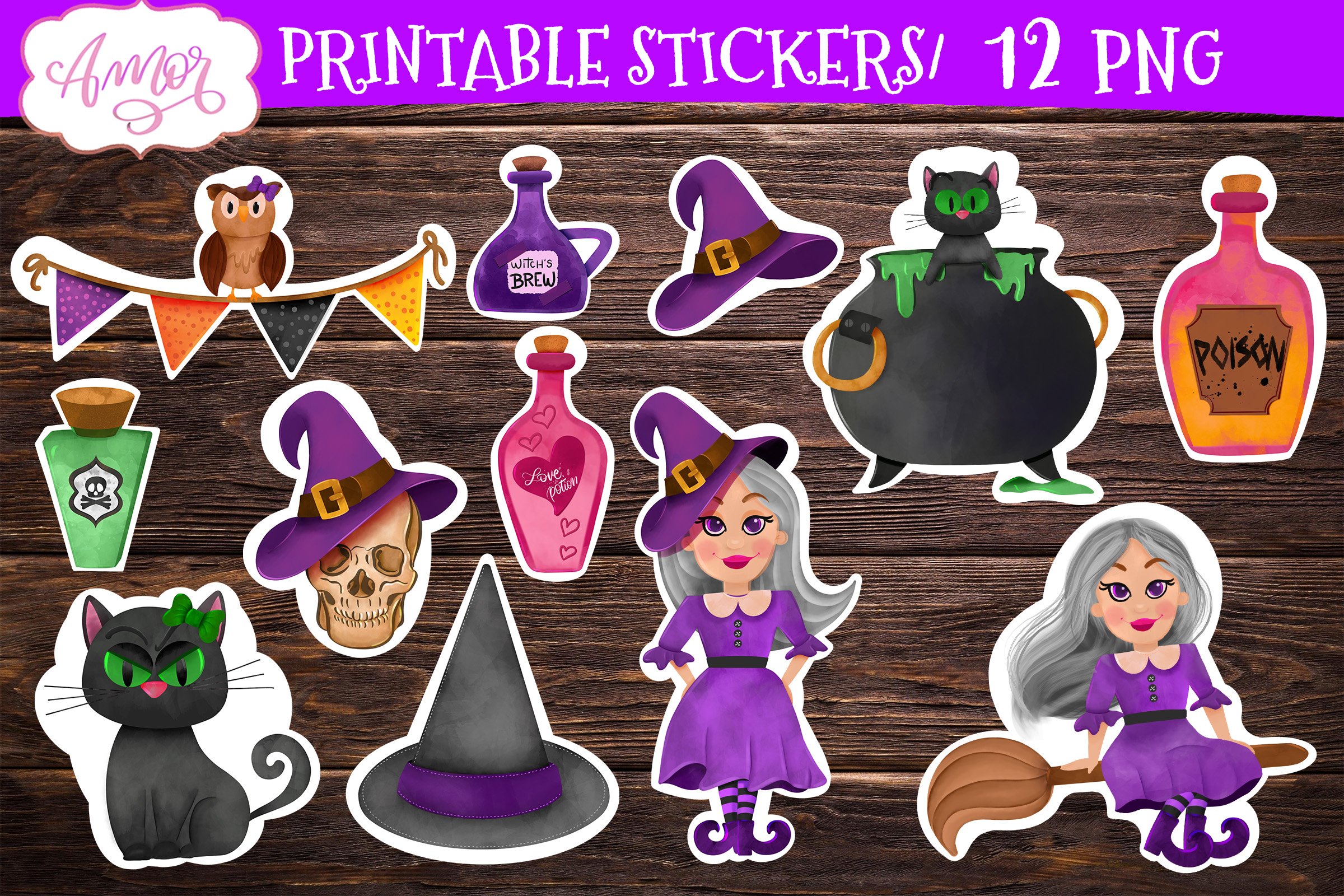 Cute witch stickers for print   cut |Halloween PNG stickers