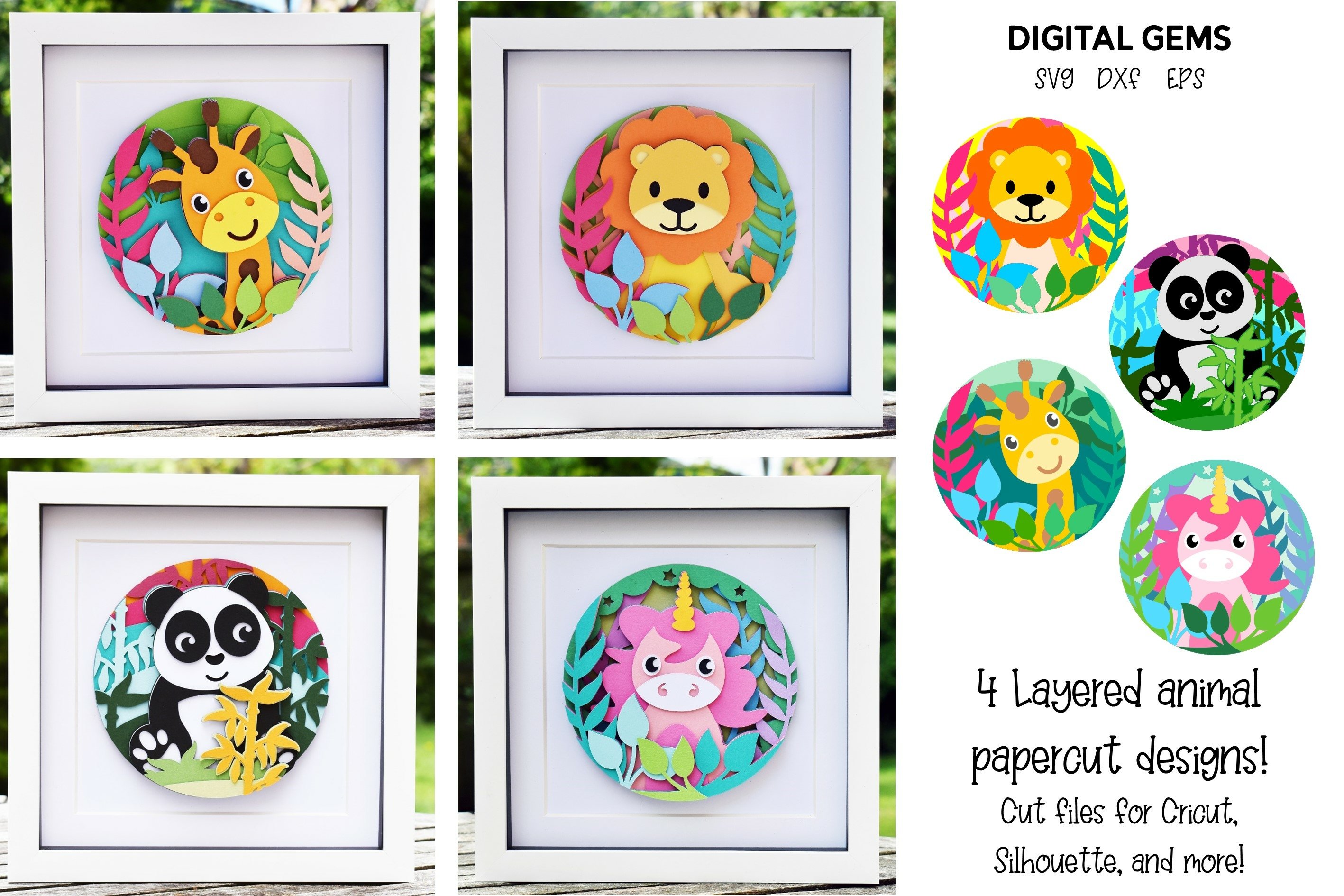 Animal Layered paper designs. Lion, Unicorn, Panda, Giraffe.