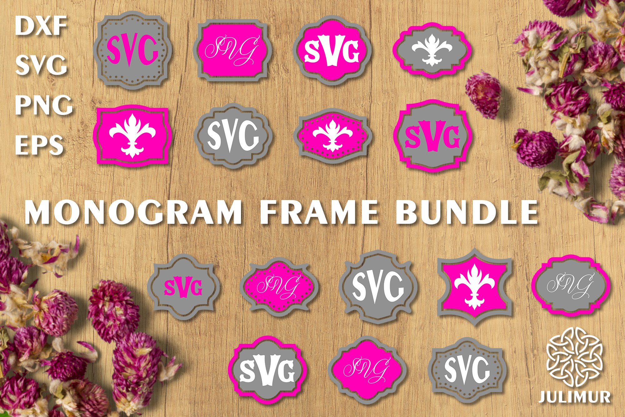 Monogram SVG. Bundle of 16 Decorative Frames SVG. Emblem SVG