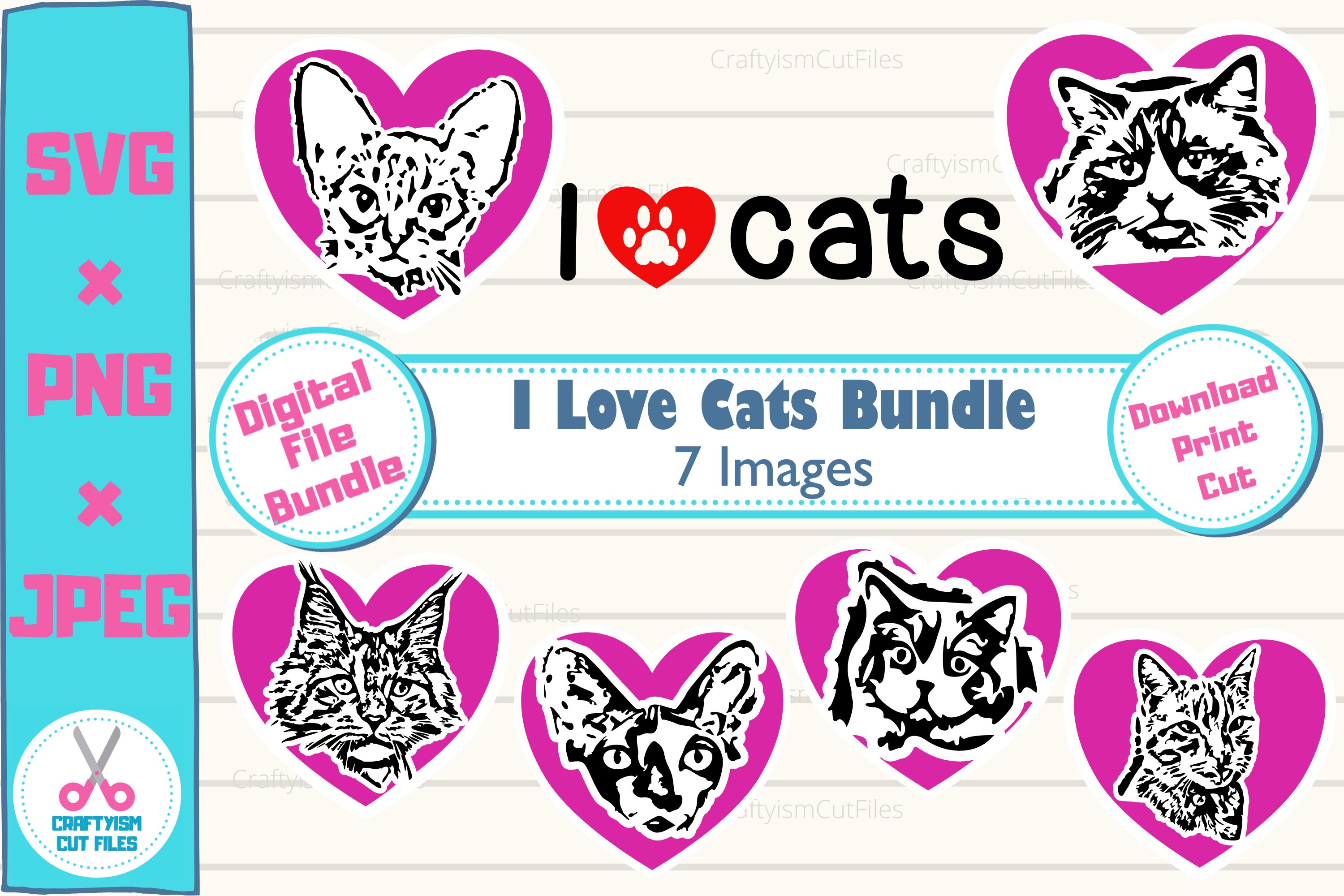 I Love Cats 7 Heart Portraits Clipart   SVG Cut File Bundle