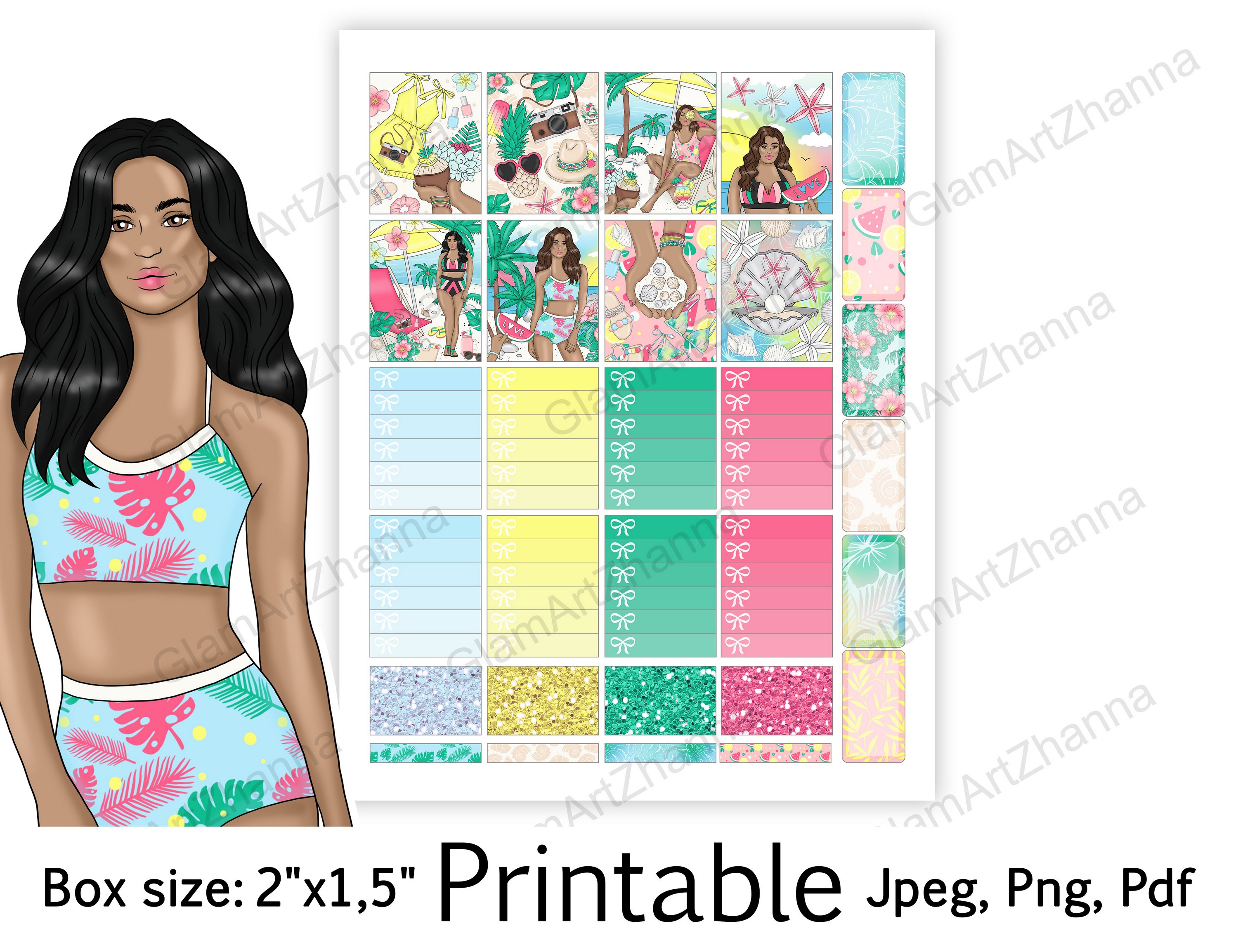 African American Summer Printable Sticker Box Size 2"x1,5" 2