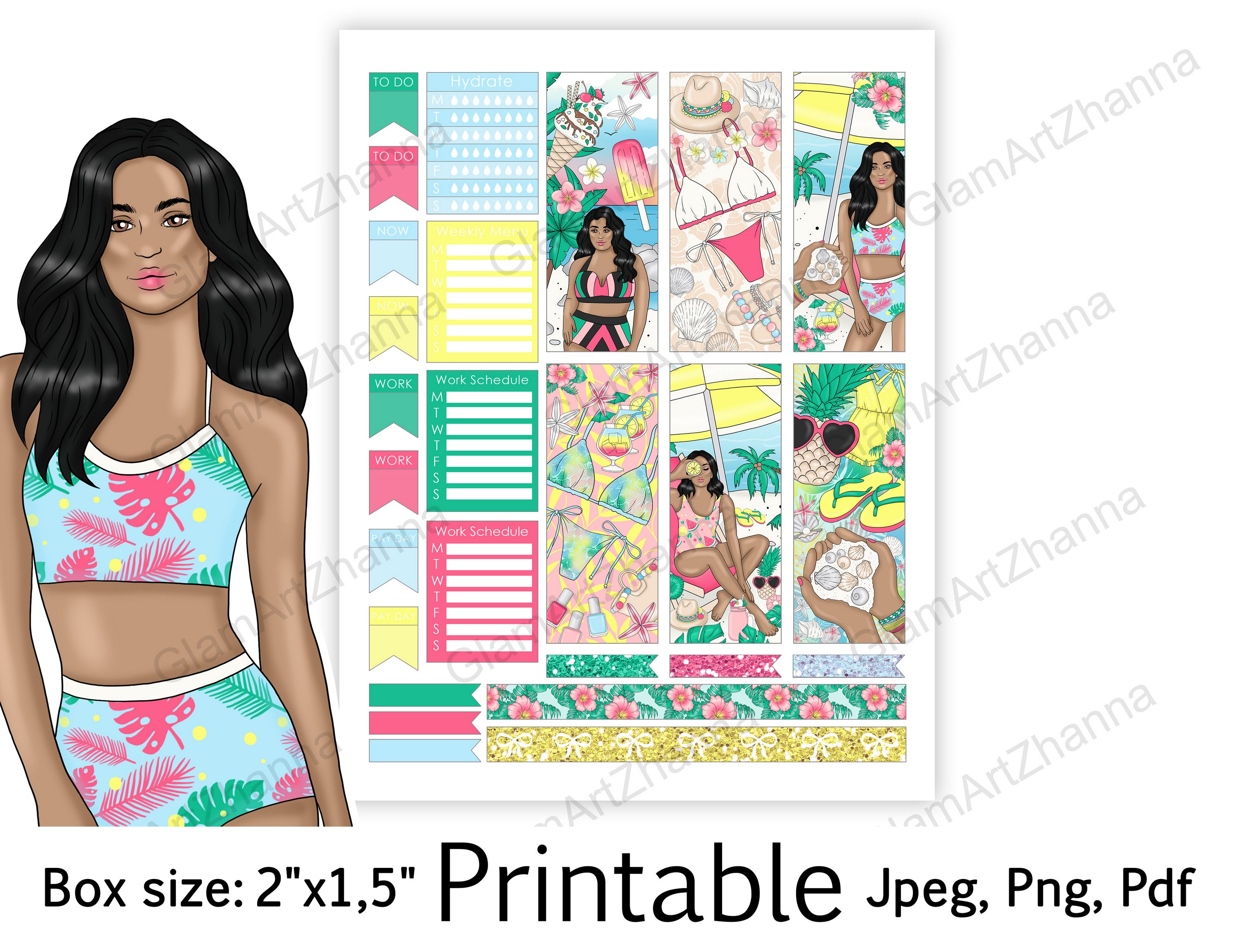 African American Summer Printable Sticker Box Size 2"x1,5" 3