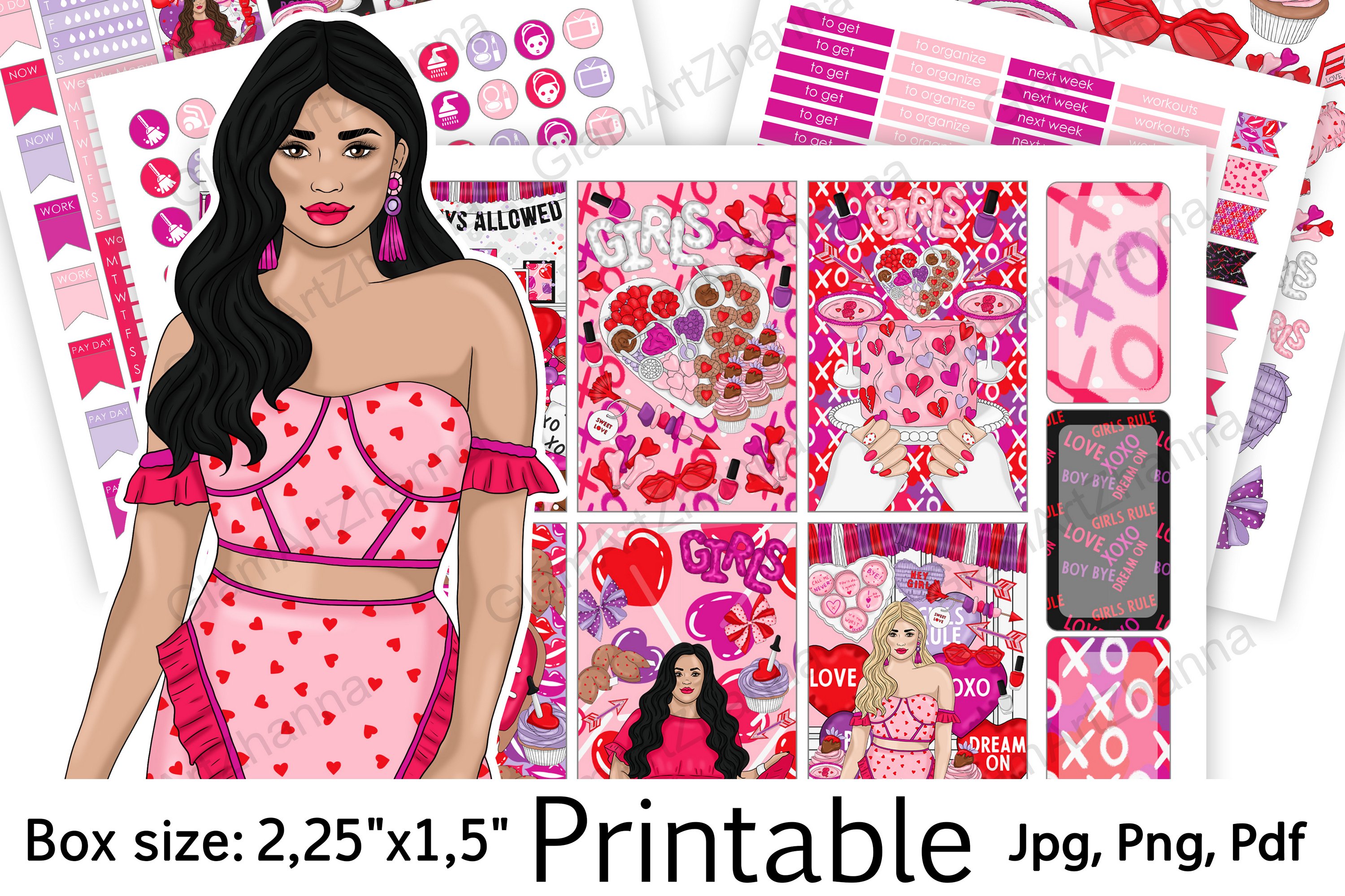 Galentines Day Printable Sticker Box Size 2,25"x1,5"
