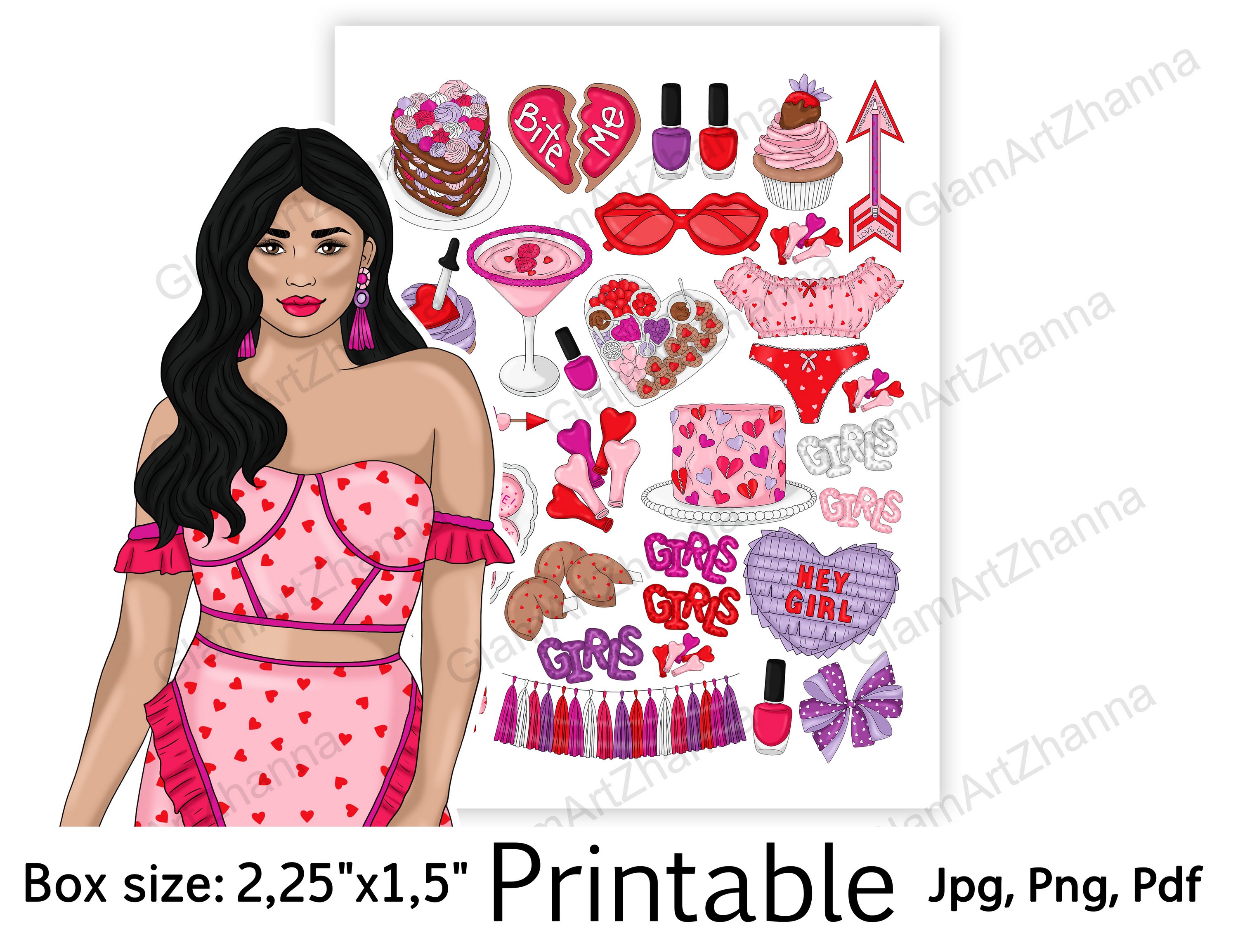 Galentines Day Printable Sticker Box Size 2,25"x1,5" 3
