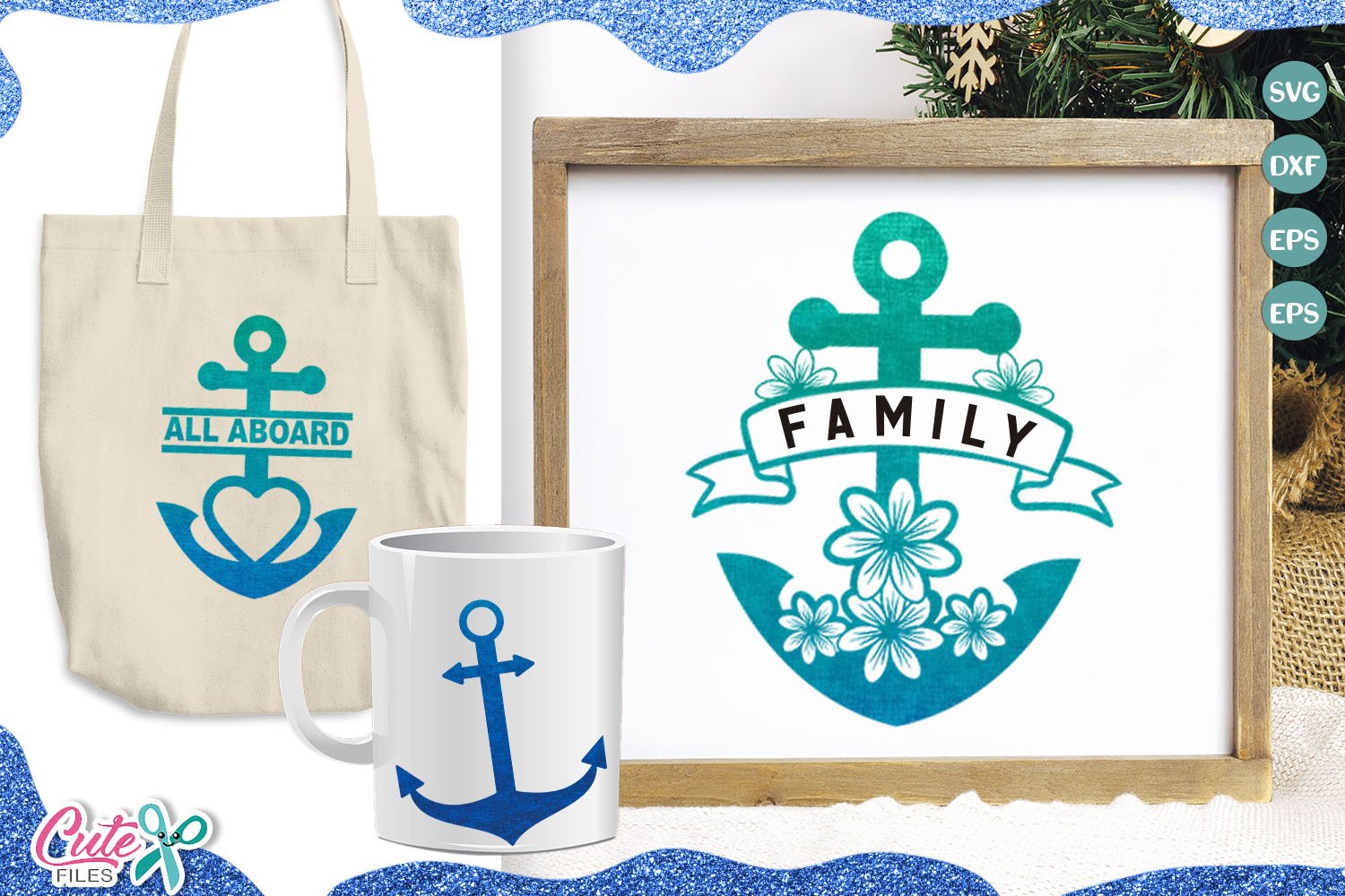 Anchor floral and monogram frames svg cut file for crafters 3