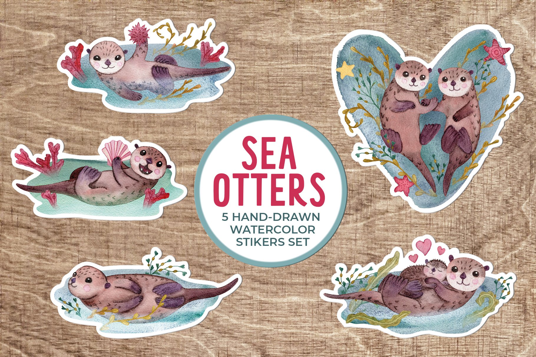 Watercolor Cute Sea Otters stickers