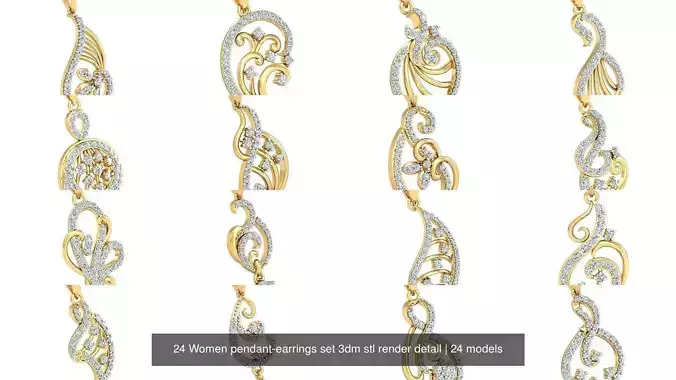 24 Women pendant-earrings set 3dm stl render detail 3D Model Pack