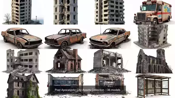 Post Apocalyptic City Assets Collection  3D Model Pack