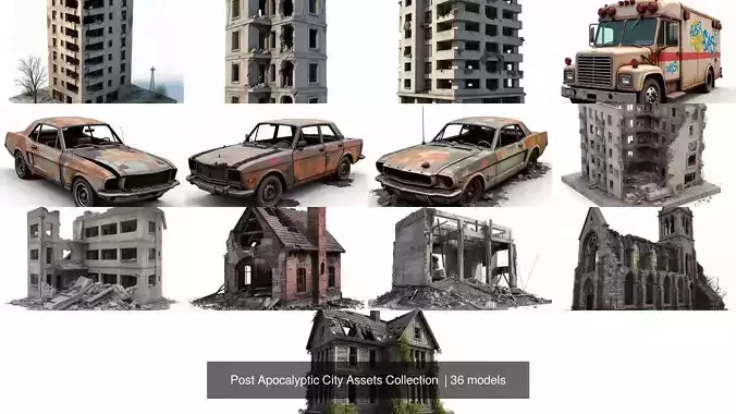 Post Apocalyptic City Assets Collection  3D Model Pack 2