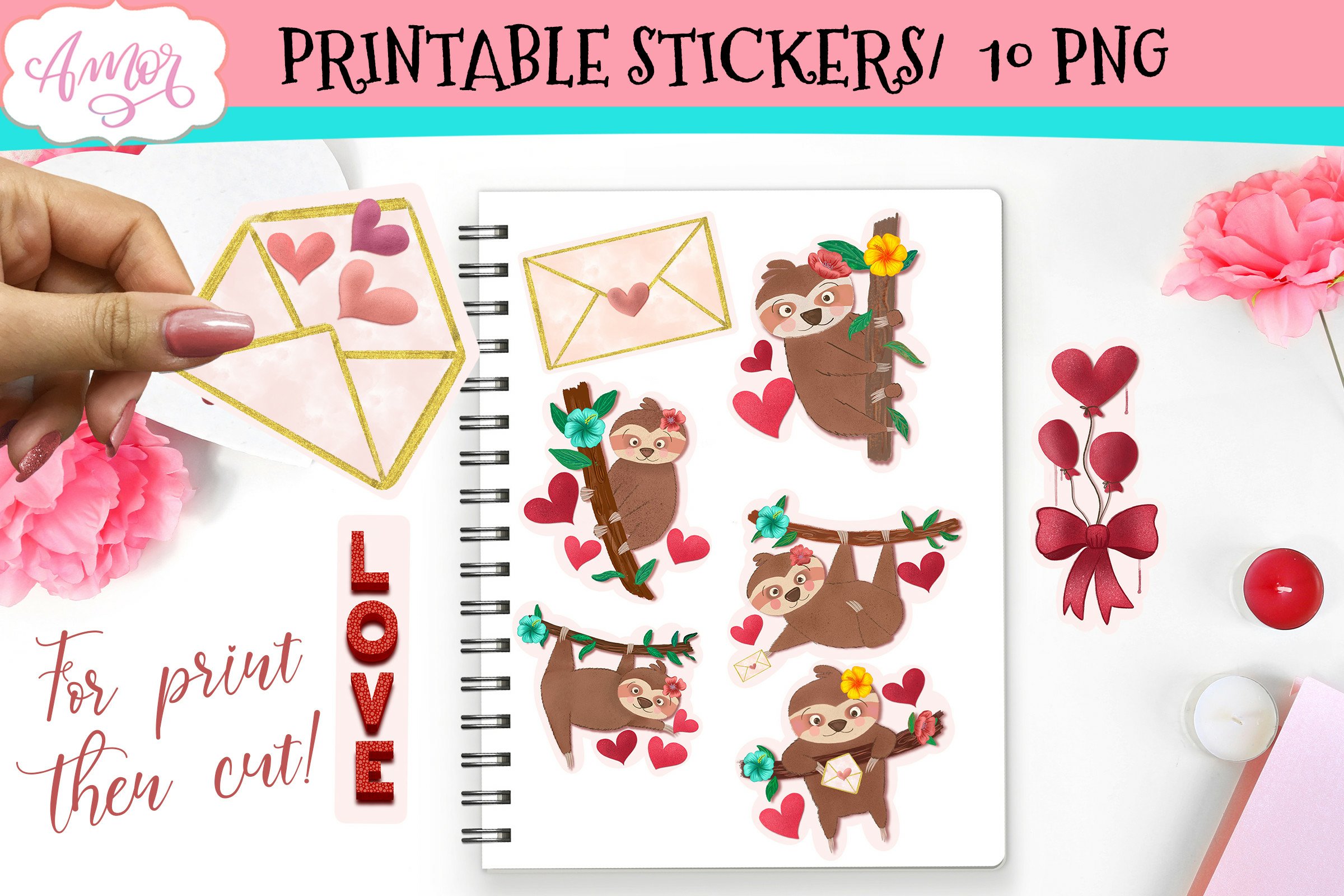 Valentine Stickers for Print   Cut | Sloth printable sticker
