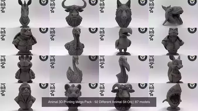 Animal 3D Printing Mega Pack - 92 Different Animal Stl Obj 3