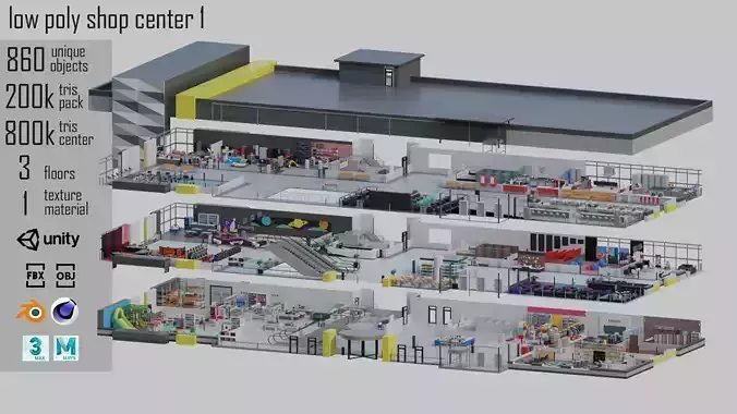 low poly shop center 1 Low-poly 3D model