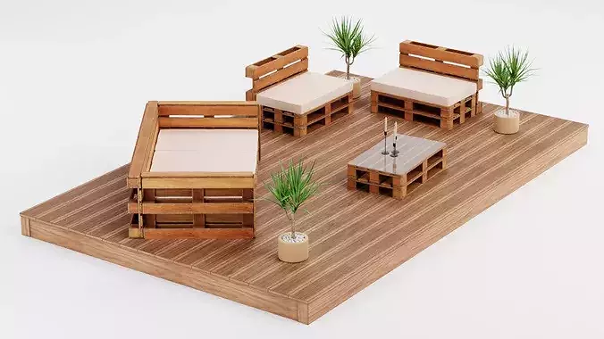Garden Setup V4 - Furnished Wooden Terrace with Pallet Sofa Set  3D model