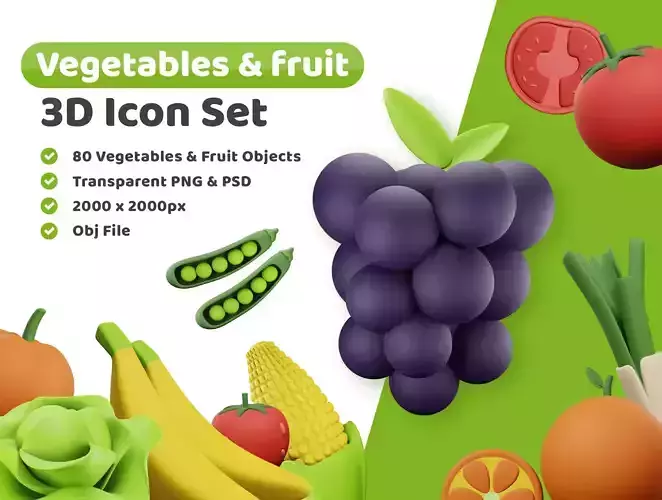 Vegetables and Fruits Icon Pack 3D Model Low-poly 3D model