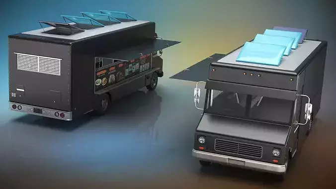 Mobile Kitchen Service Truck with Interior Black 3D model 3